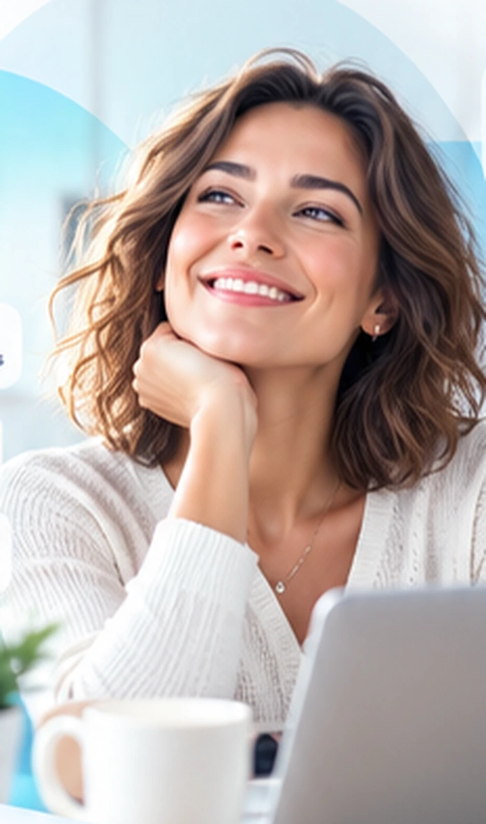 Une candidate souriante devant son ordinateur portable